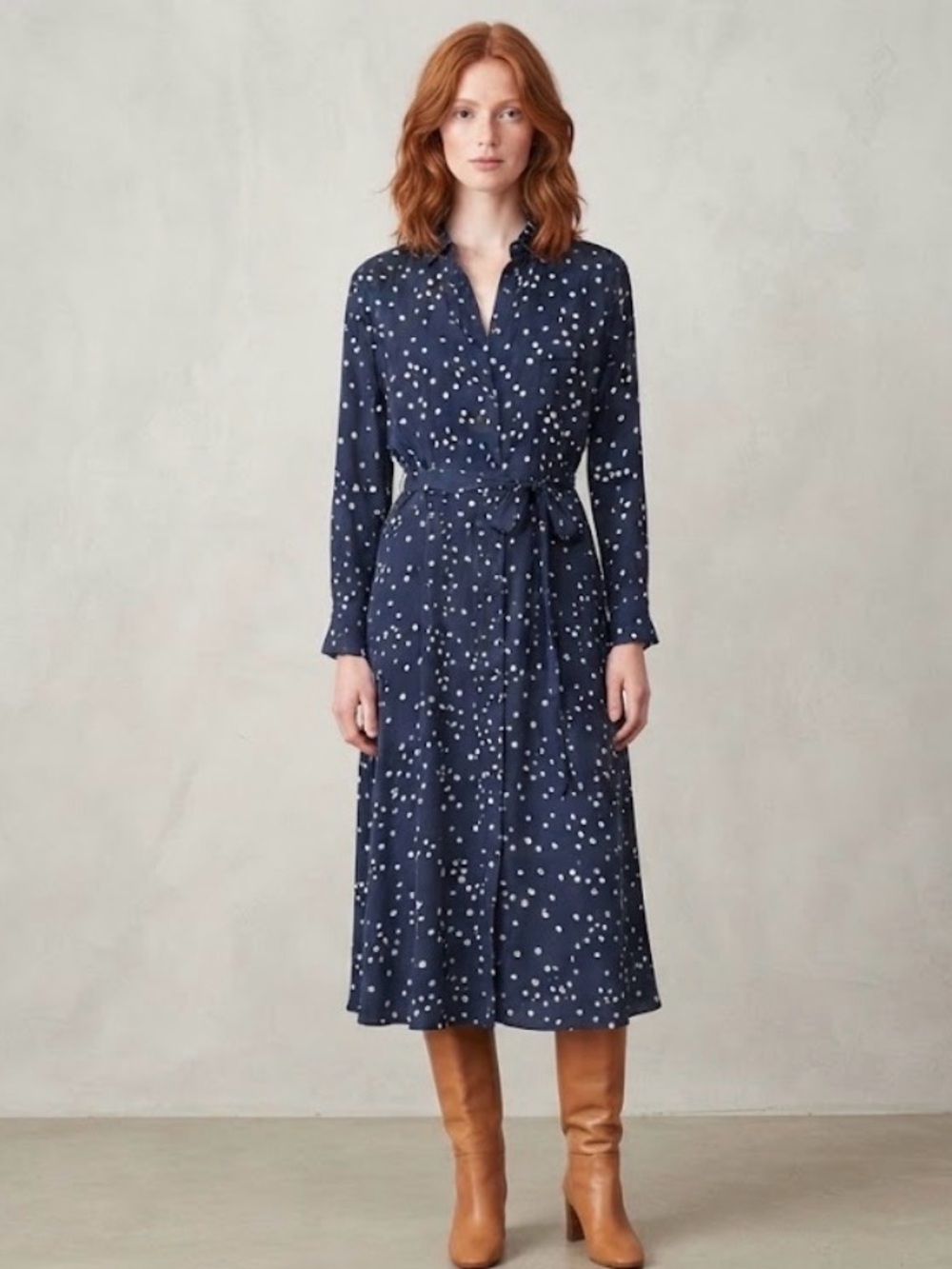 Sézane Fernande Navy Floral Silk Midi Shirt Dress, EU 38/US 6